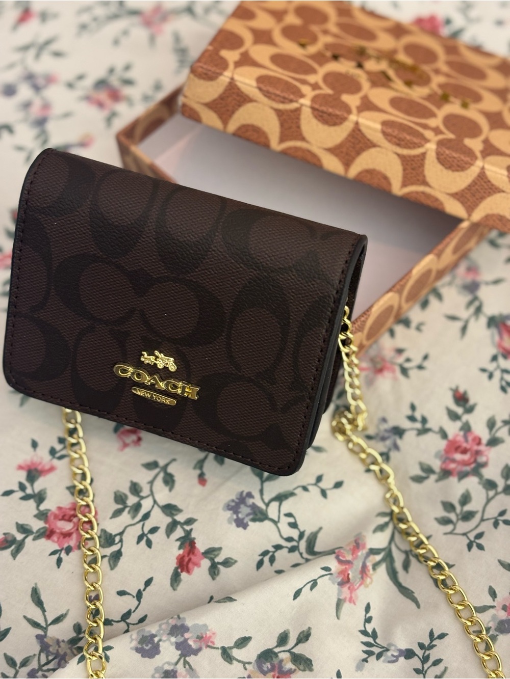 Coach Brown Signature Small Crossbody Wallet with Gold Chain Strap